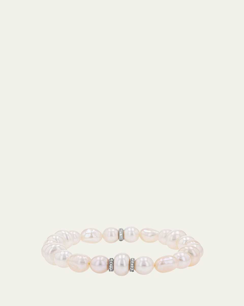 White Pearl Mixed Shape Bead Bracelet with 2 Diamond Rondelles